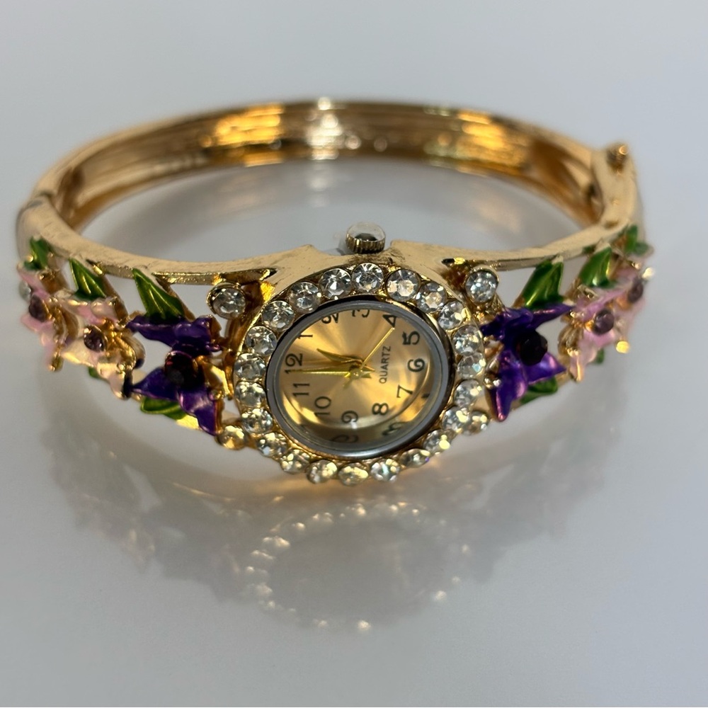 Gold Floral Crystal Bracelet Watch - Purple & Pink Accents